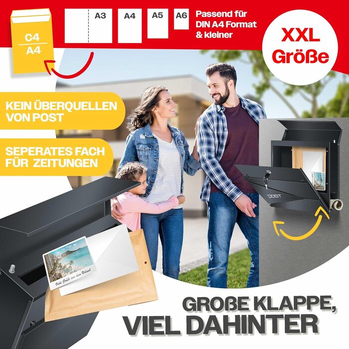 Поштовий ящик KESSER з газетницею, нержавіюча сталь, сріблясто-антрацитовий, 2 ключі, настінний монтаж, з м'яким закриттям кришки, комплект для кріплення