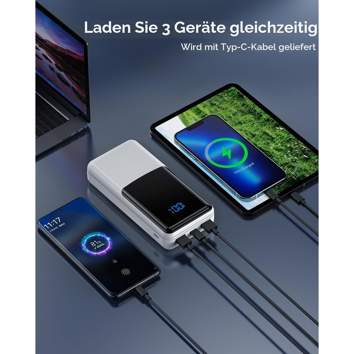 Повербанк Power Bank 27000mAh з швидкою зарядкою USB-C PD 20W, зовнішній акумулятор для iPhone та Samsung з LED-дисплеєм, 2 входи та 3 виходи (Білий)