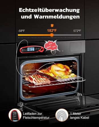 Термометр для м'яса Babacom з миттєвим відображенням та двома зондами, великим екраном, налаштуванням тривоги та калібруванням. Підходить для приготування на грилі, в духовці, для цукру та рідин.