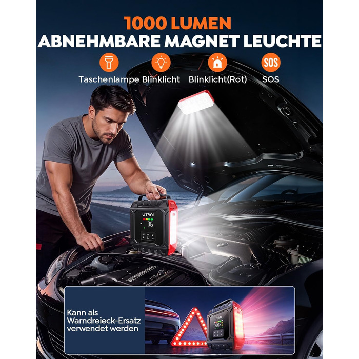 Пусковий пристрій UTRAI 7000A з компресором 160 PSI та Powerbank для авто (бензин, дизель до 12л), магнітний ліхтар 1000 Лм, 18 Вт, червоний