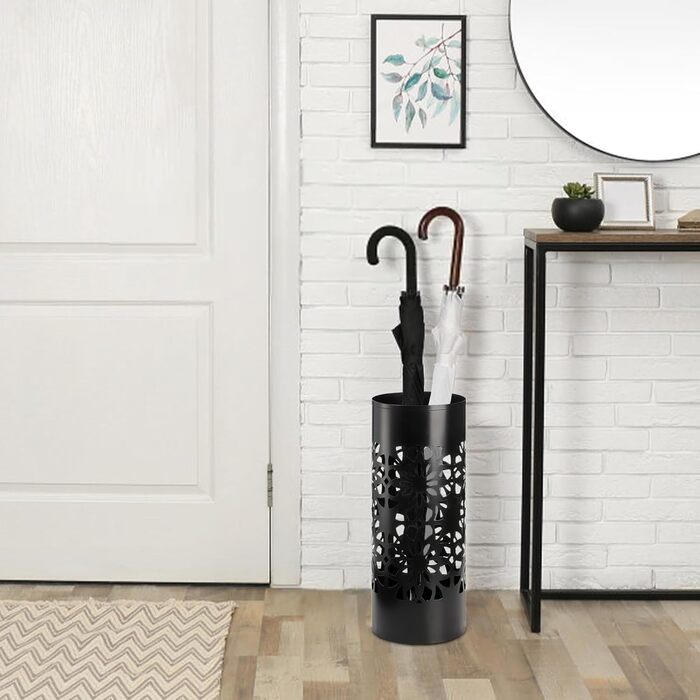 Metal Umbrella Stand with Water Tray - Round Entryway Organizer for Umbrellas, Walking Sticks & Canes
