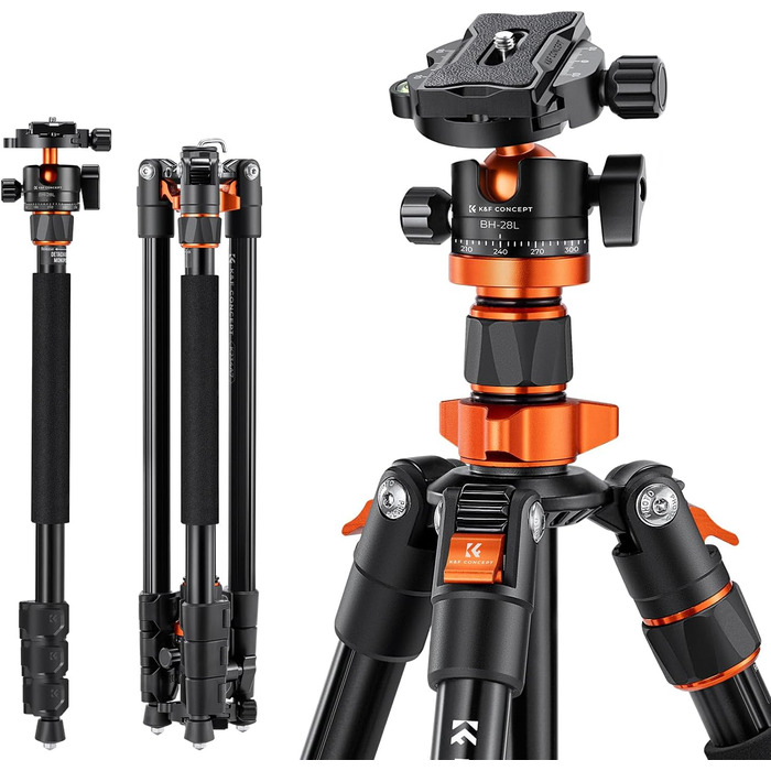 Штатив K&F Concept 200 см з алюмінію для камери, K234A7(S210), з моноподом, поворотний на 360°, з швидкозахоплювальною платформою для Canon, Nikon, Sony, Olympus, вантажопідйомність 10 кг
