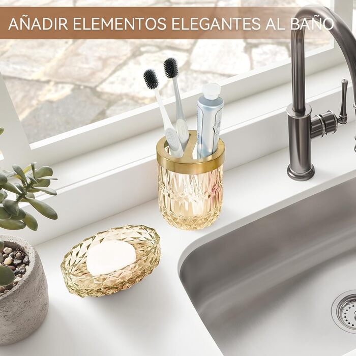 Набір аксесуарів для ванної кімнати з 5 предметів, золото, скло: диспенсер для лосьйону, мильниця, тримач для зубних щіток, стакан, ватні палички. Сучасний дизайн, вінтажний подарунок