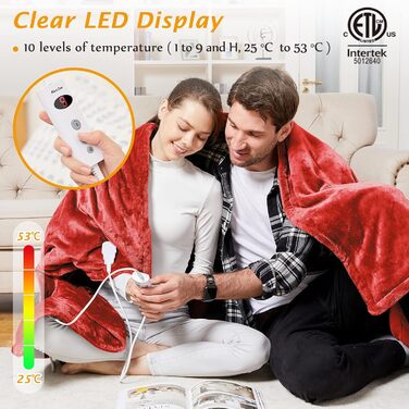 Електрична ковдра Mia&Coco з автовимкненням, 180x200 см, 10 режимів нагріву, таймер до 9 годин, захист від перегріву, пральна, блакитна (червона)