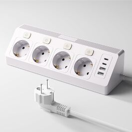 Розетка кутова з 2 USB та 2 Type-C, 16A/3840W, настінна, з кабелем 2м, для офісу, кухні та вітальні, біла