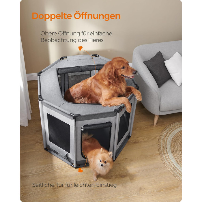 Клітка-вольєр для цуценят Feandrea Oxford, восьмикутна, XL, 112 x 112 x 76 см, з PVC-каркасом та дихаючою сіткою, з кишенею, сіро-сіра, PDC006G01 XL