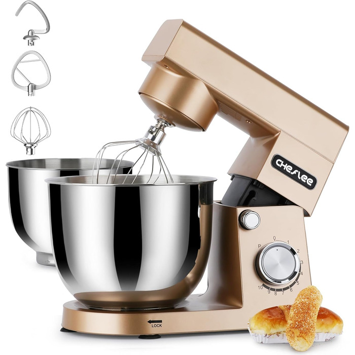 Кухонна машина Cheflee 1500W з місткими чашами з нержавіючої сталі (4.5L, 5.5L) та 10+ швидкостей, набір насадок (міксер, гак для тіста, вінчик, захист від бризок) (Золота)