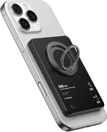 Power Bank KU XIU Magsafe 5000mAh: Тонкий, з підтримкою MagSafe, PD 20W, з кільцем-тримачем, чорний