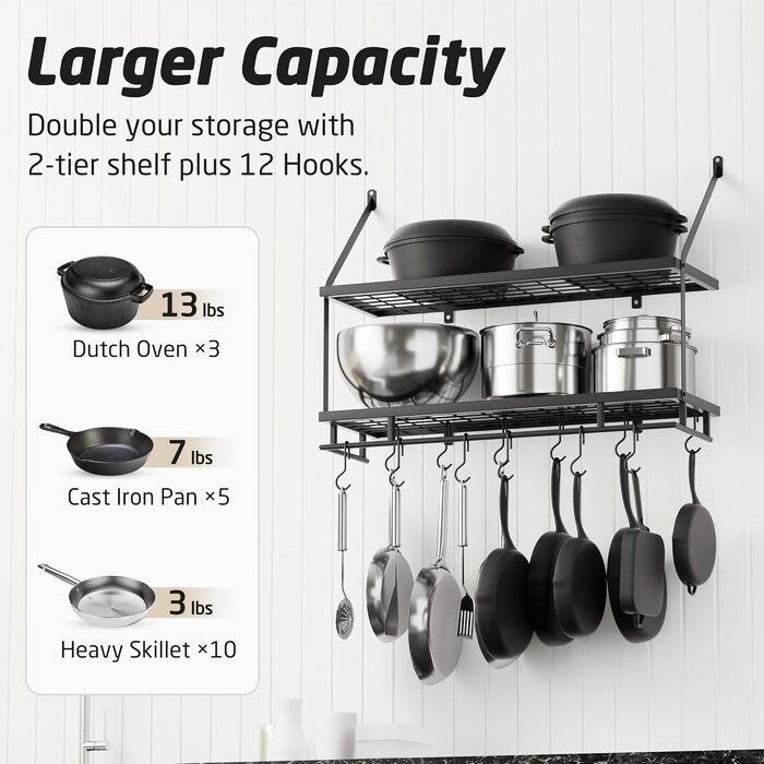 KES Double Kitchen Shelf Pan Holder Kitchen Utensil Holder Kitchen Pan Holder with 12 Hooks Hanging Shelf Pot Wall Shelf 75CM Wall Mounting Matt Black, KUR215S75B-BK
