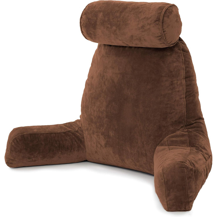 Подушка для чоловіка з підлокітниками - велика, для читання та відпочинку в ліжку. Преміум піна з пам'яті, знімна подушка для шиї на стрічці. Чохол, колір: коричневий, колір: коричневий