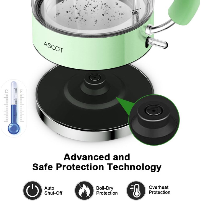 Електричний чайник ASCOT зі скла та нержавіючої сталі, 2200W, 1.5L, без BPA, тихий, швидкий, бездротовий, з захистом від сухого кипіння та автовимкнення, білий (світло-зелений)