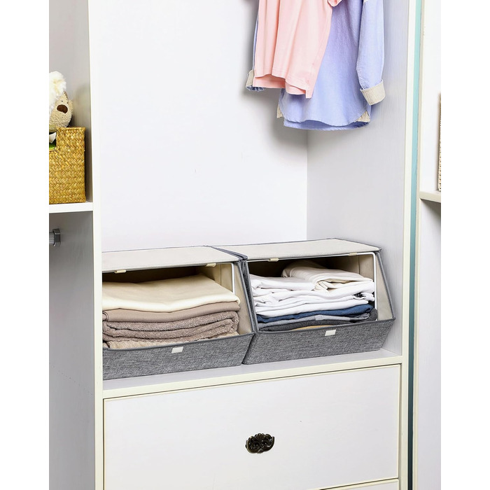SONGMICS Storage Box, 2-Piece Set, Folding Box, Stackable Fabric Box with Magnetic Flip Lid, Metal Frame, 38 x 26.5/35 x 25, Grey-Beige RLB02GY