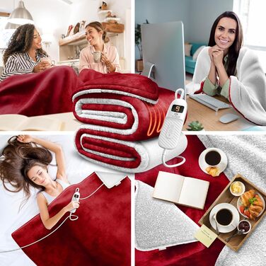 Електрична ковдра KESSER® з автовимкненням 200x180 см двостороння | Ковдра для ліжка, дивана | 9 температурних режимів | Пральна до 40°C | з таймером, цифровим дисплеєм, Бордовий колір
