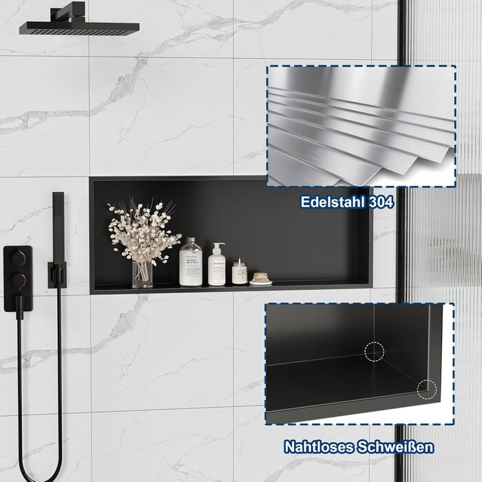 Neodrain Wall Niche Shower Stainless Steel Shower Niche Single Shelf Storage for Bathroom Brushed (Black, 75 x 30 cm)