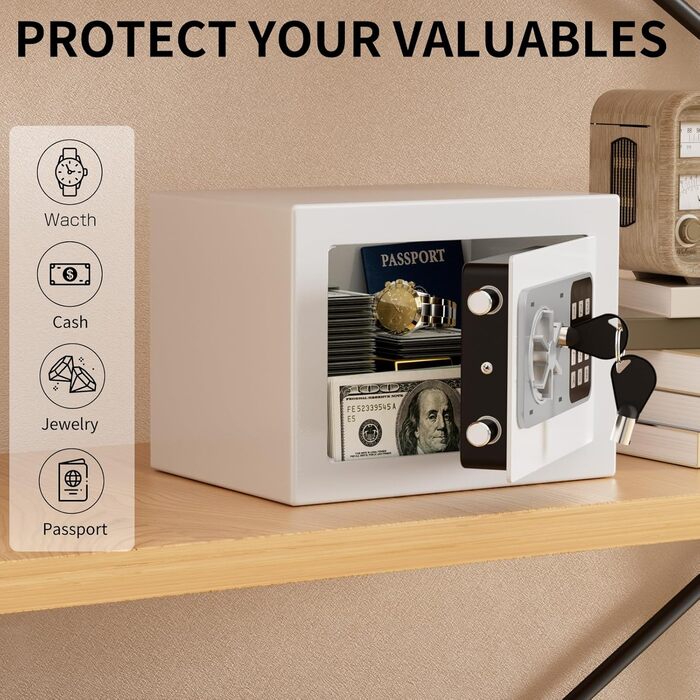 KABISAFE Сейф цифровий 6,8 л, маленький сейф для дому, електронна касове сховище, настінний сейф для домашнього офісу з 2 ключами, міні-сейф 23 x 17 x 17 см, Синій (Білий)
