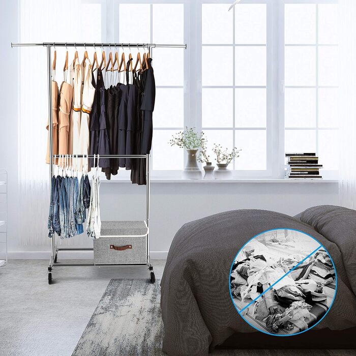 Simple Trending Clothes Rack with Double Rod, Rolling Garment Rack