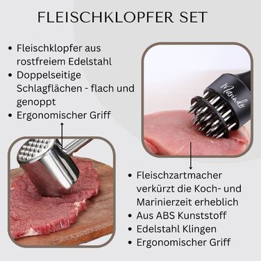 Набір Fleischklopfer Marindo: м'ясорубка, щітка для чищення та подвійний м'ясорубка з нержавіючої сталі | М'ясорубка, молоток для м'яса, мийка в посудомийній машині | М'ясорубка з 20 лезами з нержавіючої сталі