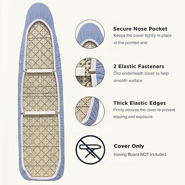 Чохол та підкладка для прасувальної дошки до 137 x 45 см, 100% термостійка бавовна, екстра товста підкладка, кишенька для рукава, Smart Fit, без хімікатів, можна прати в машині (геометричний візерунок (Solid Blue, 18X54'))