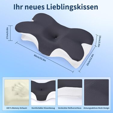 Подушка для шиї та голови з 3D підтримкою, Memory Foam, ергономічна для сну на боці, спині та животі (сіра, 60x33x10/17см)