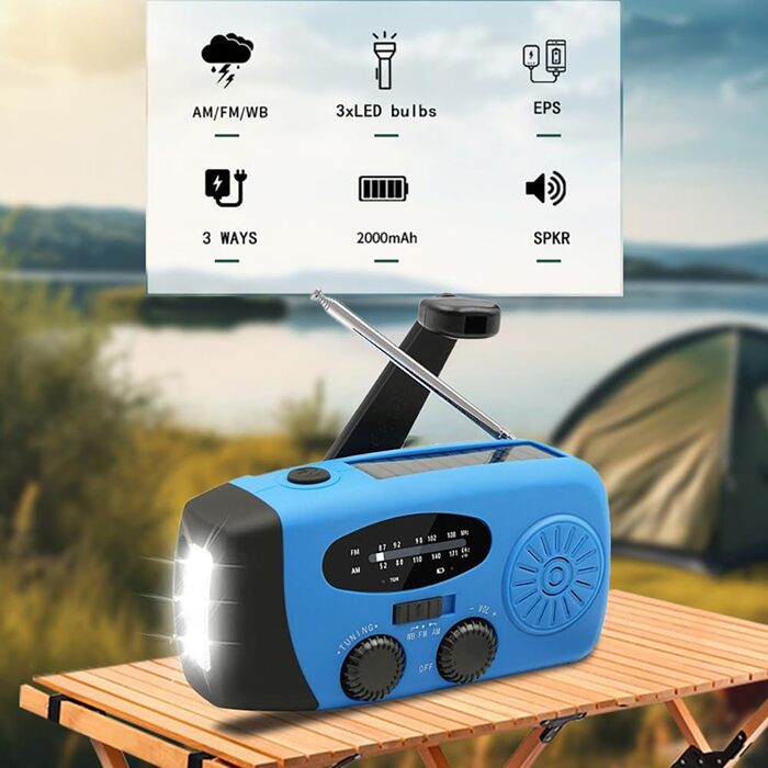 Радіоприймач сонячний Solar-Radio 2000mAh з ручним заводом, AM/FM, SOS-сигналом, LED-ліхтарем та USB-зарядкою, водонепроникний для кемпінгу, туризму та надзвичайних ситуацій (синій)
