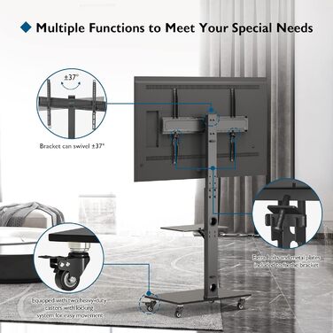 BONTEC Mobile TV Stand with Wheels for 30-70 inch Plasma, LCD, LED TVs - VESA 600x400, Adjustable Height & Glass Shelves