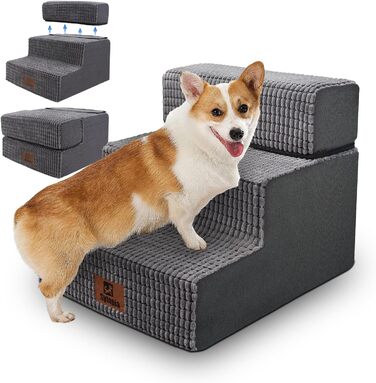 Sytopia dog stairs 40 cm high, 3 steps, dog stairs for bed sofa for small dogs, pet stairs washable, foam stairs, for injured older dogs (34cm height, Grey)