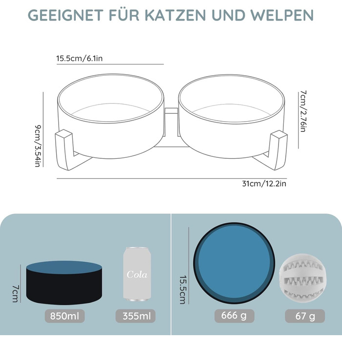 Миска для собак та котів SPUNKYJUNKY з кераміки, велика, 850 мл, піднята на бамбуковому стійці, колір «Зоряне небо»