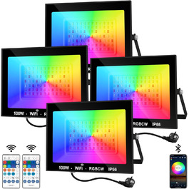 LED Floodlights Outdoor, 100W Smart RGB Floodlights with Remote Control and Bluetooth App, LED Floodlight Spotlights Color Changing Projector, IP66 Waterproof Floodlight for Gardens, Courtyards (2 Pack) (100w-rgb-app-4p)