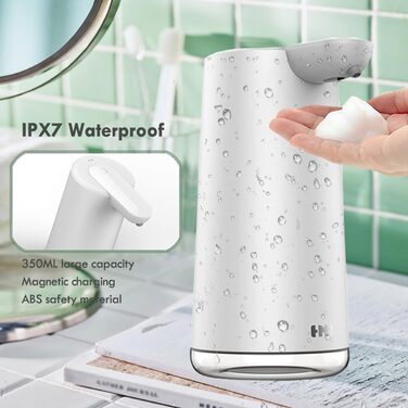 Frohsun Automatic Soap Dispenser - Rechargeable, Touchless, Motion Sensor, 350ml Capacity, Adjustable Foam Volume, IPX7 Waterproof - for Kitchen, Bathroom & Hotel Use (White)