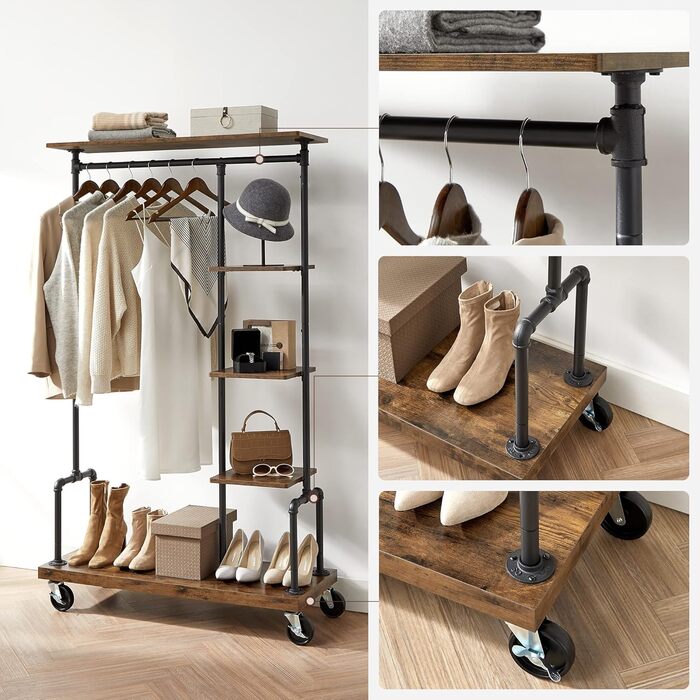 VASAGLE Clothes Rack on Wheels, Coat Rack, Clothes Rail with 5 Shelves, 40 x 103.5 x 174.5 cm, Industrial Design, Steel Frame, Vintage Brown-Black HSR66BXV1