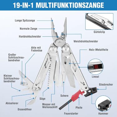 FLISSA 19-in-1 Multifunction Pliers - Multitool with Glass Breaker & Fire Starter - Stainless Steel Camping & Repair Tool with Carrying Case