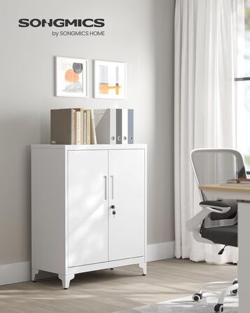 SONGMICS File Cabinet, Multi-Purpose Cabinet, Office Cabinet with 2 Doors, Lockable Cabinet, Steel Storage Cabinet, for Study Room, Living Room, Matte White OMC012W01 (80B cm, Matte White)