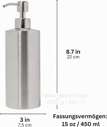 Дозатор для мила Yew Design з нержавіючої сталі, сріблястий, 450 мл для ванної кімнати та кухні, повторно наповнюваний