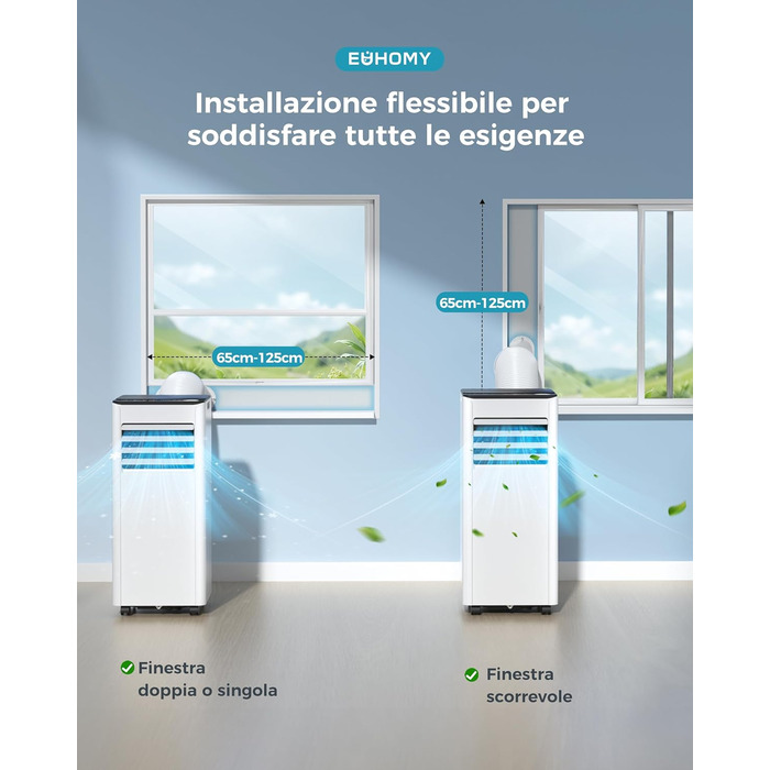 Мобільний кондиціонер 9000 BTU з випускним шлангом | 4-в-1 | Тиха робота <48 дБ | Цифровий дисплей + пульт дистанційного керування | Комплект для встановлення у вікно | Таймер 24 години | Для приміщень до 25 м²