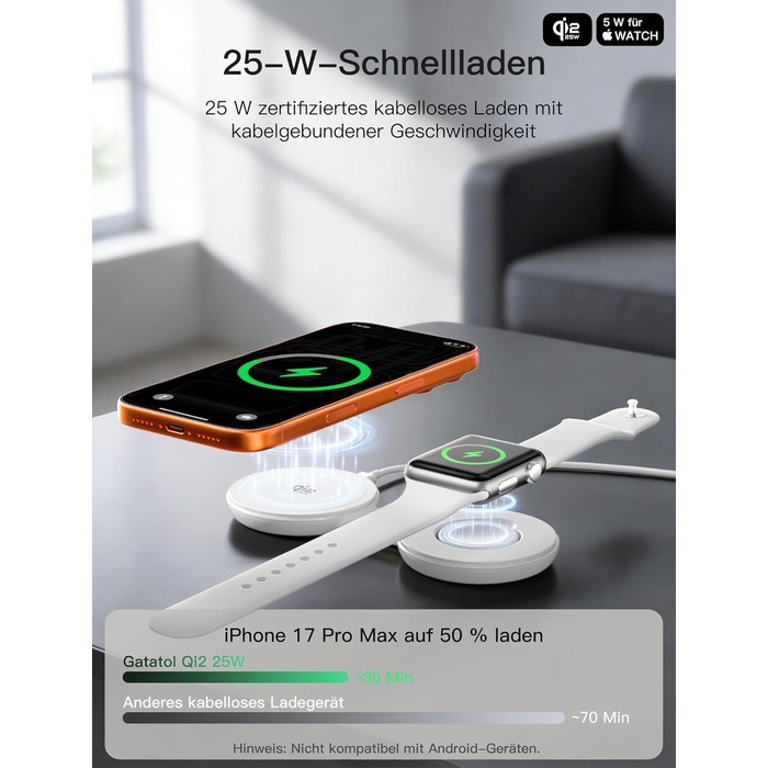 Бездротова зарядка 2-в-1 Qi2 25W для iPhone 17e/17/16/15/14/13/12/Air, Apple Watch, AirPods Pro/4/3/2 + Блок живлення 30W (Біла)