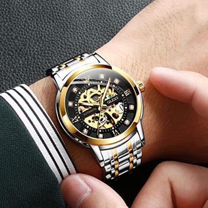 Чоловічий механічний годинник OLEVS Gold Skeleton з автопідзаводом, розкішний сталевий корпус з діамантами, водонепроникний, сріблясто-золотий з чорним циферблатом