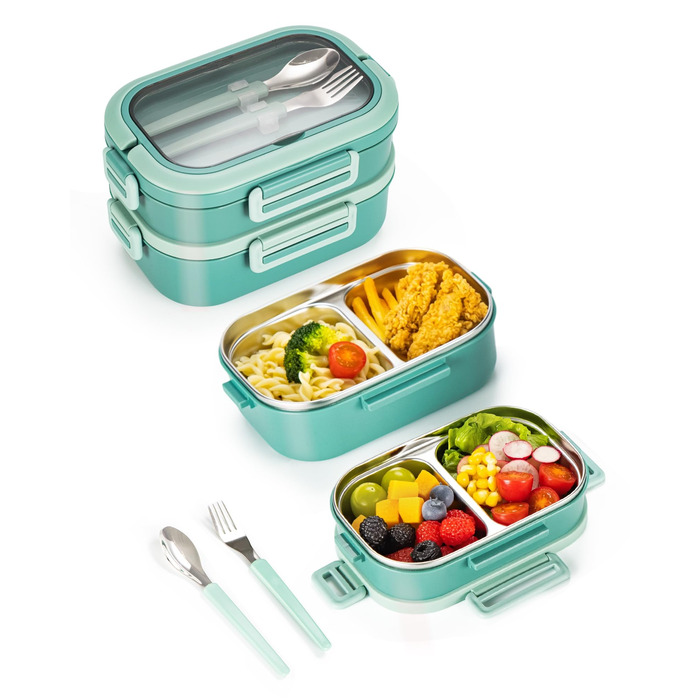 Ланчбокс Lille Home з 2 ярусами, 4 відділення, 1650 мл, з посудом, BPA-free, не протікає (Зелений)