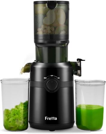 Fretta Slow Juicer with 108 mm Opening & 1L Capacity, Juicer for Vegetables and Fruits - Test Winner, 200W Electric Juice Press with Cold Press, Easy Cleaning and Quiet Motor, BPA-free (Black, 1L) 1L Black