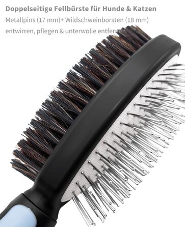 Двостороння щітка для собак та котів - розпушувач для довгої та короткої шерсті, металеві щетинки та натуральна щетина, ергономічна ручка TPR, м'який та ефективний догляд за шерстю (Синьо-Чорний)