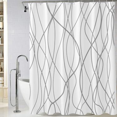 Шторка для душу M&W Design з поліестеру, з лініями, антигрибкова, водовідштовхувальна, біла, 180x200 см, з 12 C-кільцями, з обтяженим краєм