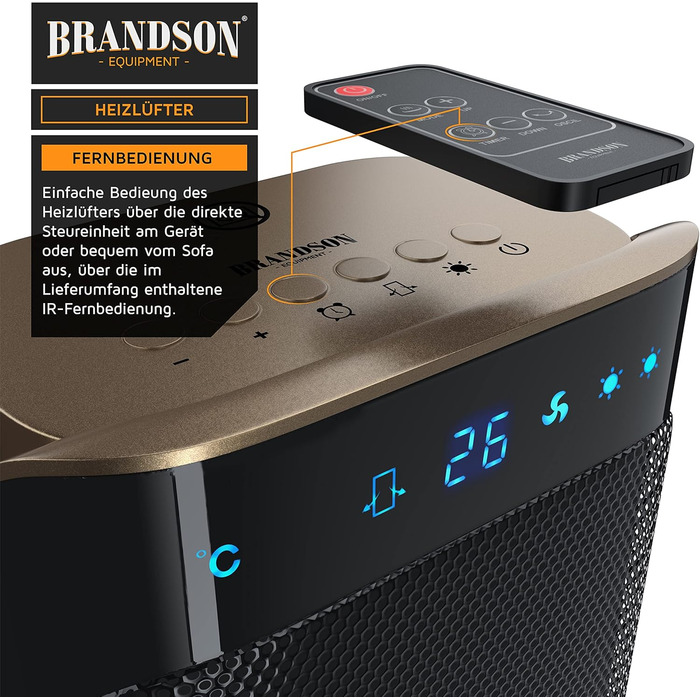 Керамічний обігрівач Brandson з дистанційним керуванням, для ванної кімнати, енергозберігаючий, тихий, з осциляцією, 2 режими нагріву, таймер, сертифікат GS, колір золото