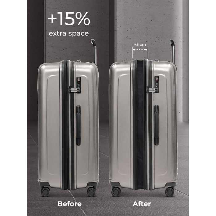 Набір валіз REDOLZ Essentials 14: S (55 см, кишенька для ноутбука), M (66 см), L (77 см). Розширювані, ультралегкі, з TSA-замком та 4 колесами. Колір: Coffee Grey Metallic