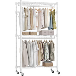 Double Clothes Rack/Garment Rod with Adjustable Shelves, Heavy-Duty Clothes Rack with 2 Hooks, Rolling Clothes Rack, 90 * 42 * 205cm, White (White, 60*42*205cm)