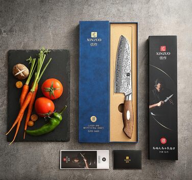 Японський кухонний ніж XINZUO Santoku з дамаської сталі (AUS-10) - професійний ніж шеф-кухаря з чорним дерев'яним руків'ям з горіха