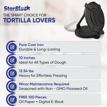 StarBlue Cast Iron Tortilla Press - 10 Inch with 100 Oil Sheets & Recipe eBook - Chapati, Roti, Tortilla Maker