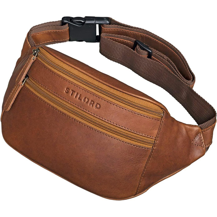 STILORD 'Marian' поясна сумка з натуральної шкіри вінтаж для чоловіків/жінок. Поясна/Животна сумка для телефону, косметики, камери, подорожей, вечірок, концертів, фестивалів. Шкіра Cognac, блискуча (Когняк - Коричневий)