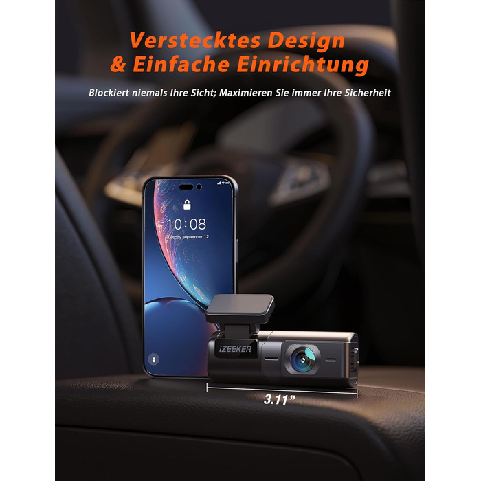 iZEEKER Dashcam 2.5K: Автомобільна камера з Wi-Fi, 1440P, 32GB, Нічне бачення, WDR, G-сенсор, Loop-запис, Паркувальний режим 24/7
