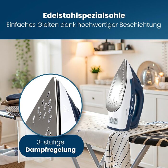Праска Clatronic® з нержавіючою підошвою | 2200W | Парова праска | 250 мл резервуар | швидкий нагрів | з функцією захисту від накипу та запобіганням протікання води | DB 3704