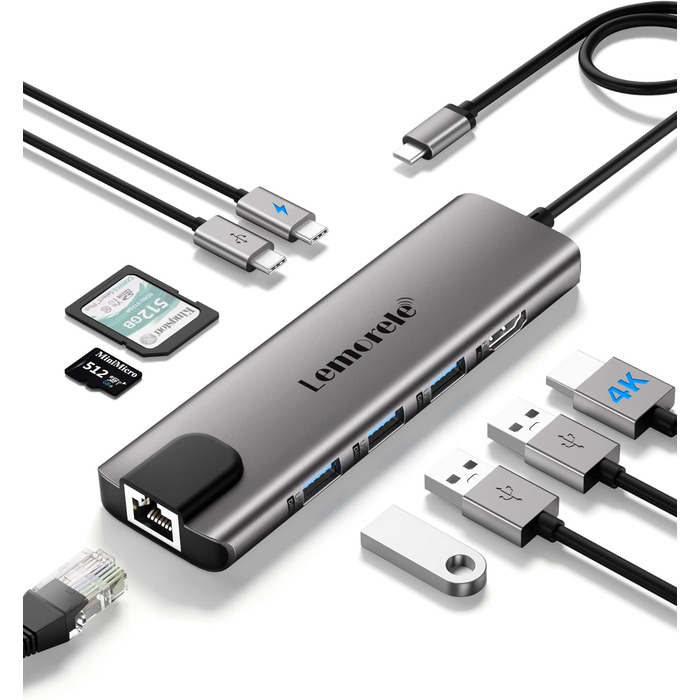 Lemorele USB-C хаб – адаптер USB-C 9 в 1 з алюмінієвим корпусом. Gigabit Ethernet, 4K HDMI, 100W PD, 3 USB-A, USB-C, SD/TF, док-станція для MacBook, iPad, Windows, Switch, Chromecast