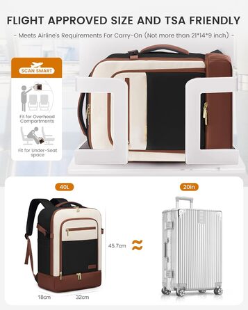 LOVEVOOK Рюкзак для ручної поклажі 40L з окремим відділенням для взуття, рюкзак-валіза для подорожей, жіночий, з відділенням для мокрого та сухого, 3 шт. (Бежевий, Зелений, Чорний, Білий, Коричневий)